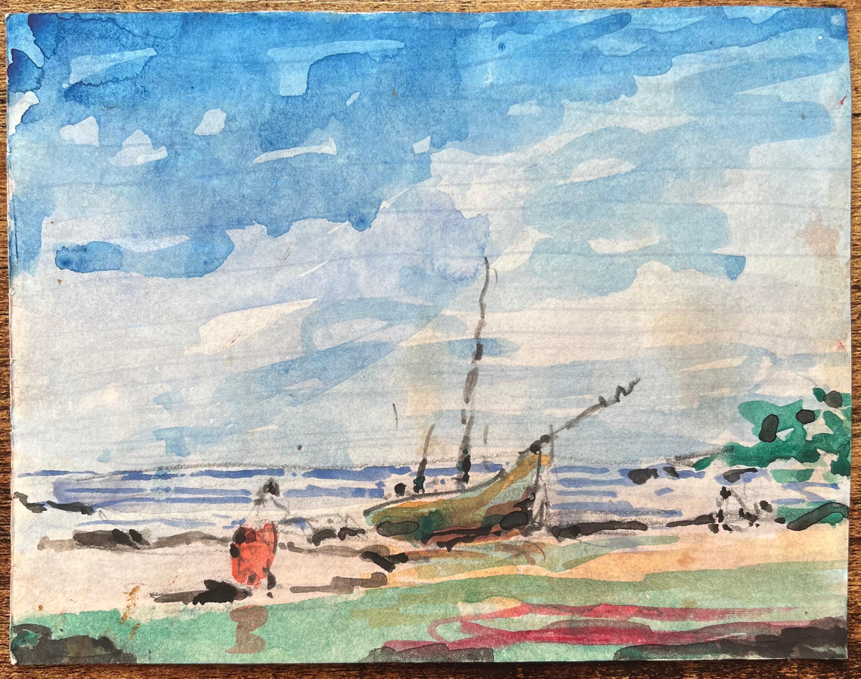 Aquarelle impressionniste française d'une scène de plage avec un bateau isolé - Art de Maurice Mazeilie
