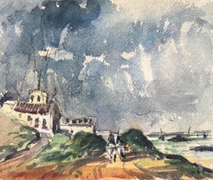 Französischer Impressionist Aquarell von Coastal Lane's mit Reitern und Gebäuden
