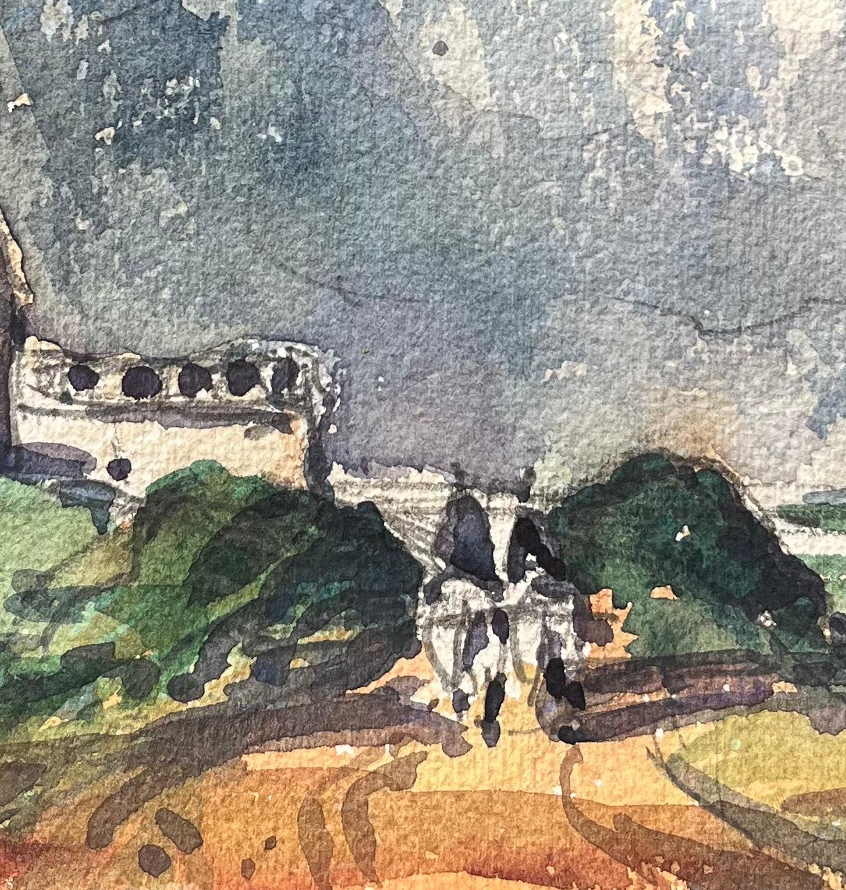Acquerello impressionista francese di una strada costiera con cavalieri ed edifici in vendita 1