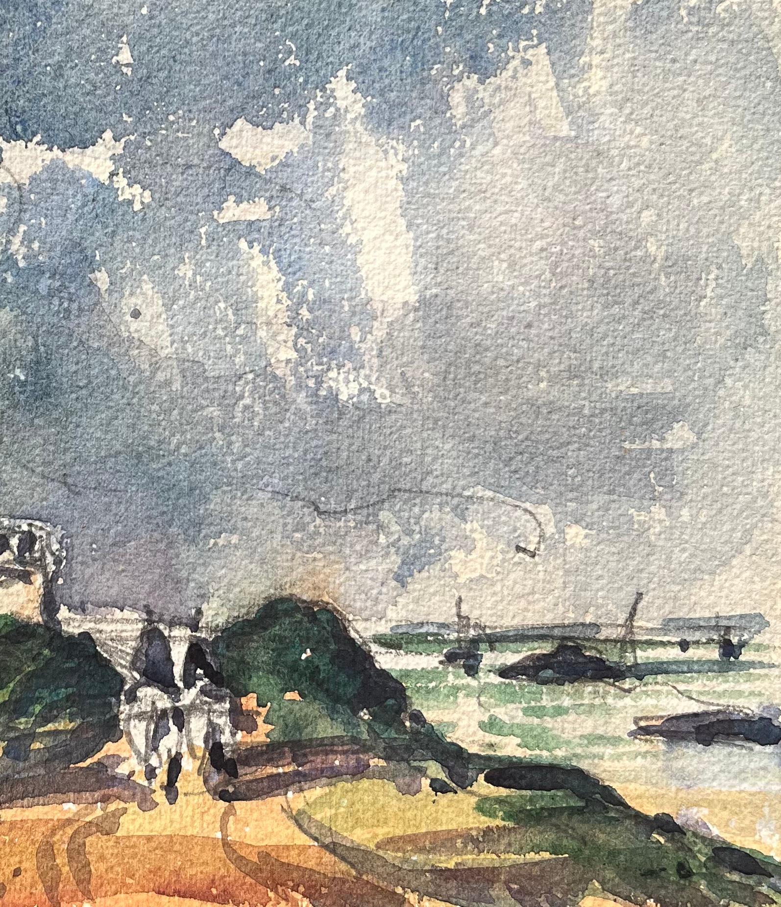 Acquerello impressionista francese di una strada costiera con cavalieri ed edifici - Art Impressionismo di Maurice Mazeilie