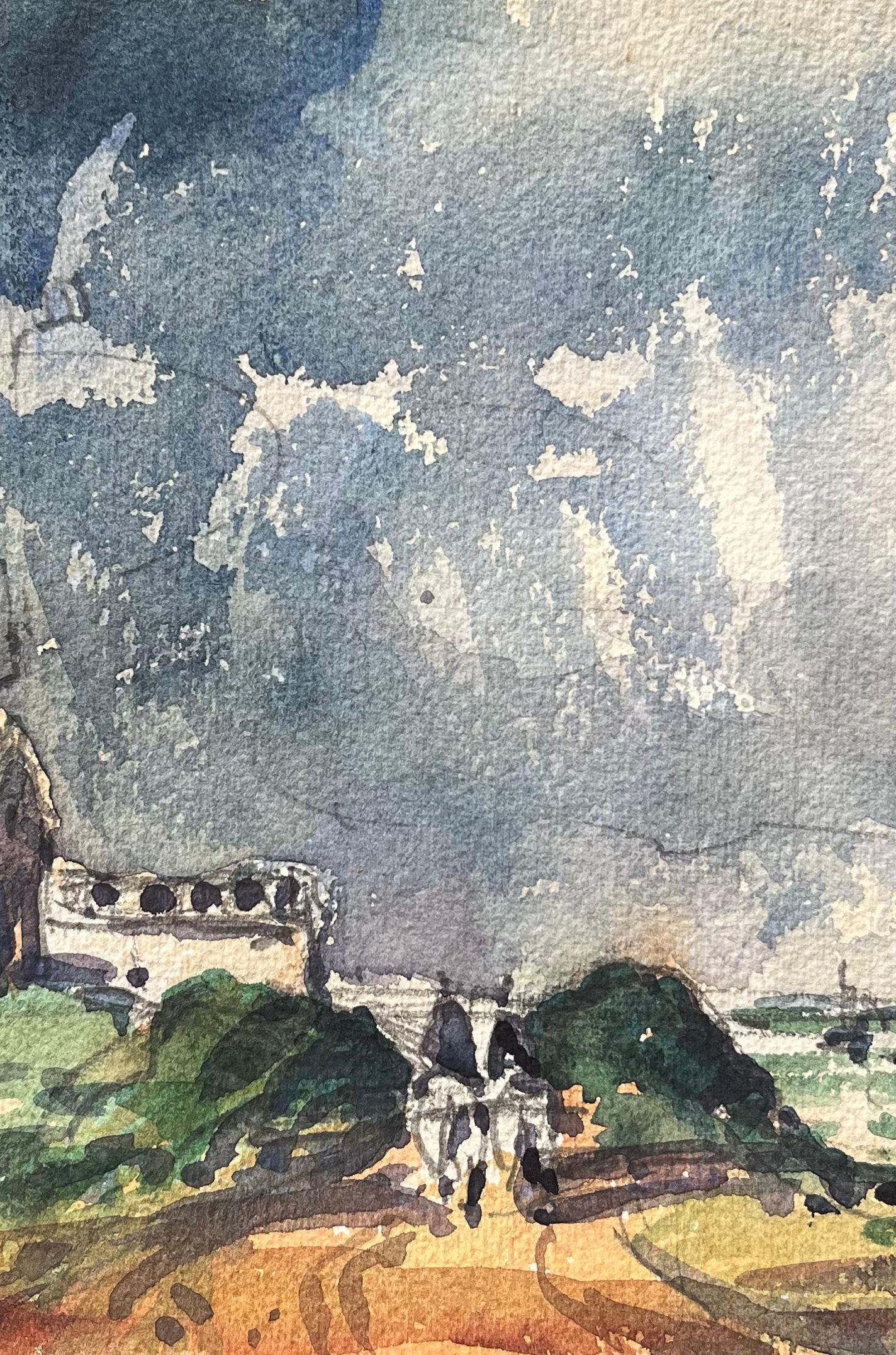 Acquerello impressionista francese di una strada costiera con cavalieri ed edifici - Landscape Art Grigio di Maurice Mazeilie