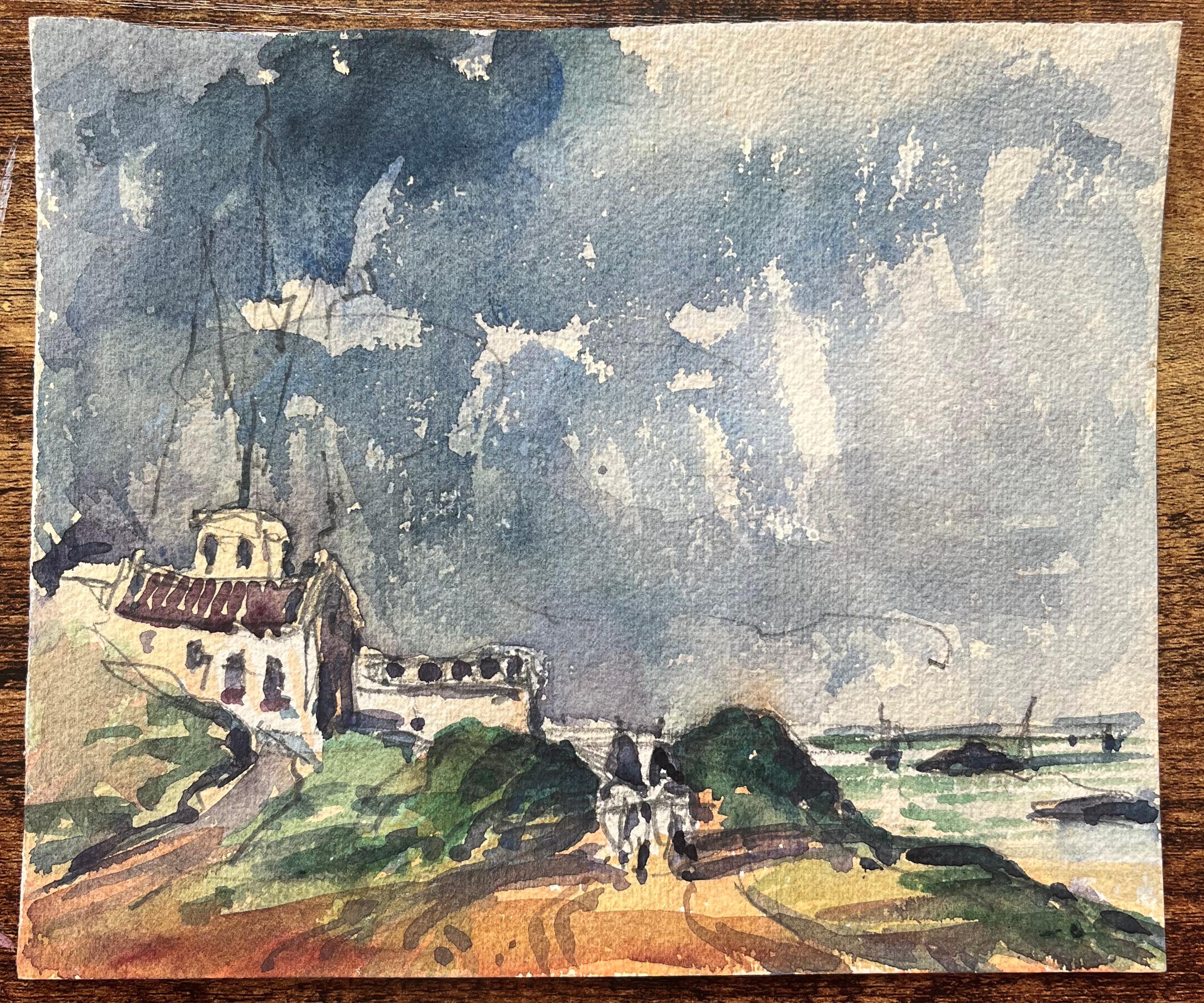 Acquerello impressionista francese di una strada costiera con cavalieri ed edifici - Art di Maurice Mazeilie