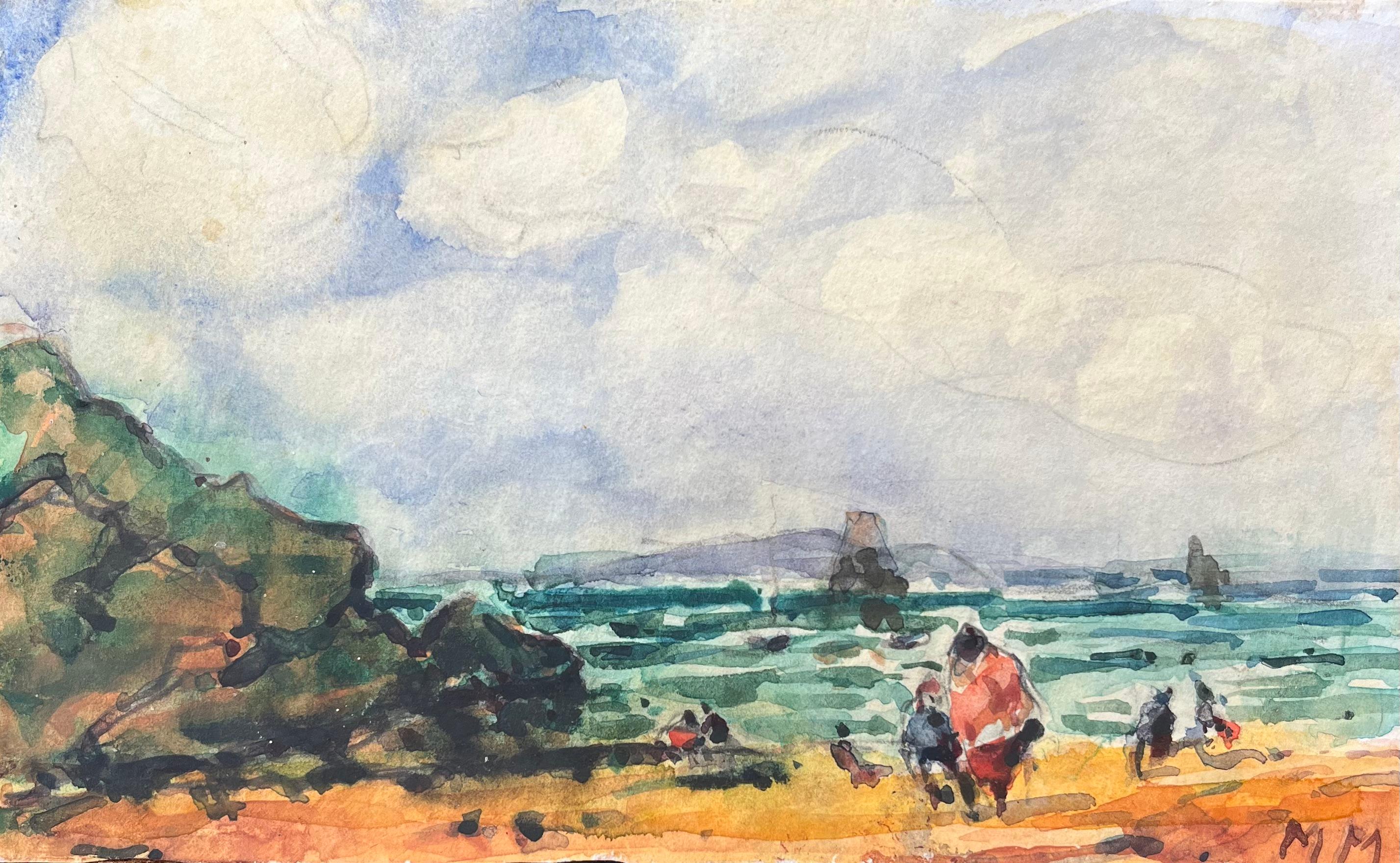 Landscape Art Maurice Mazeilie - Aquarelle impressionniste française d'une scène côtière avec une côte rocheuse