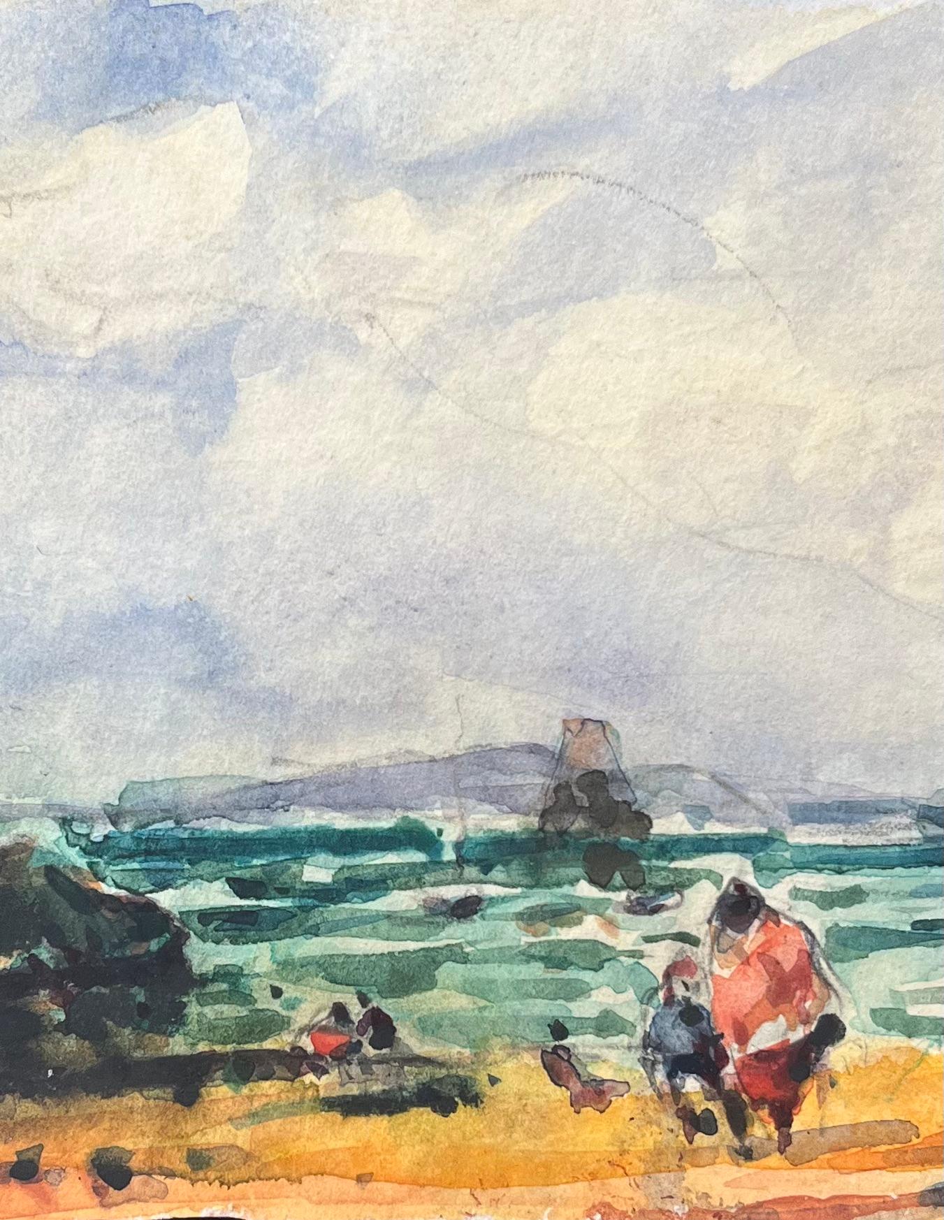 Aquarelle impressionniste française d'une scène côtière avec une côte rocheuse - Beige Landscape Art par Maurice Mazeilie