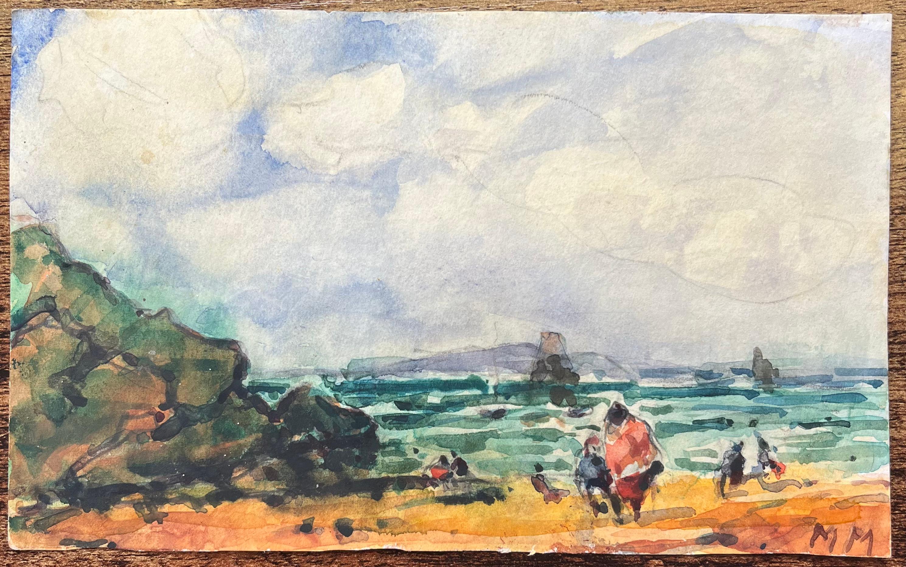 Aquarelle impressionniste française d'une scène côtière avec une côte rocheuse - Art de Maurice Mazeilie