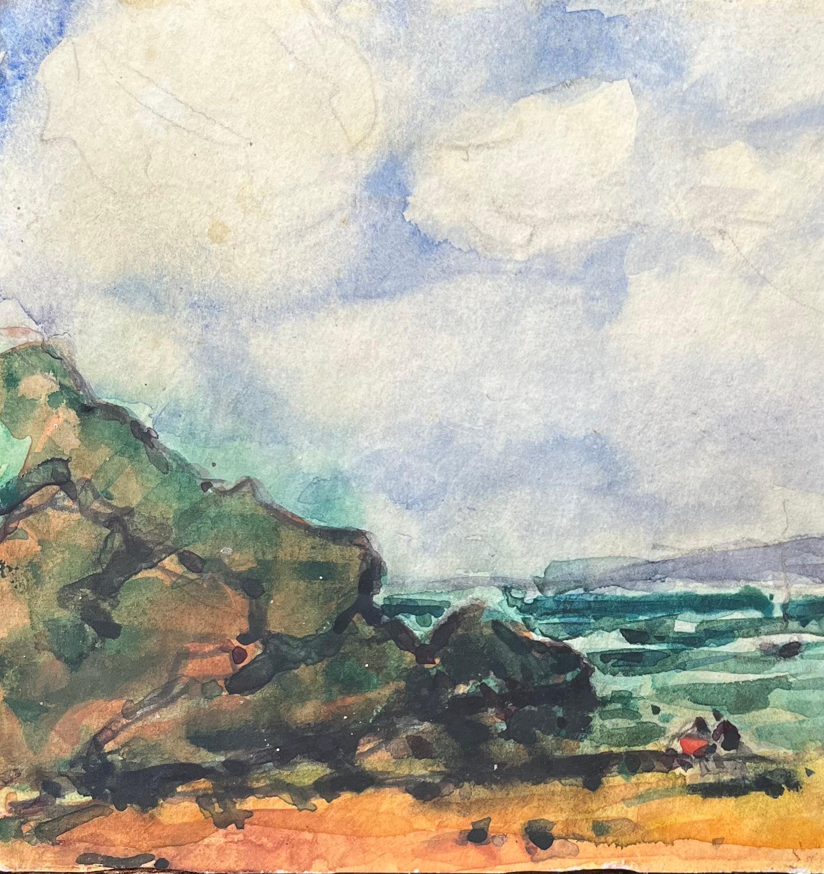 Titre : Aquarelle impressionniste française d'une scène côtière avec un rivage rocheux
Par Maurice Mazeilie (français 1924-2021)
Moyen d'expression : Aquarelle sur papier, non encadrée
Taille : 5 x 8.25 pouces (hauteur x largeur)
Signé : Initiales