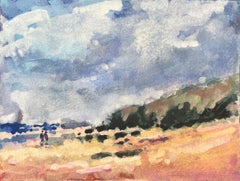 Aquarelle impressionniste française d'un paysage côtier avec des collines
