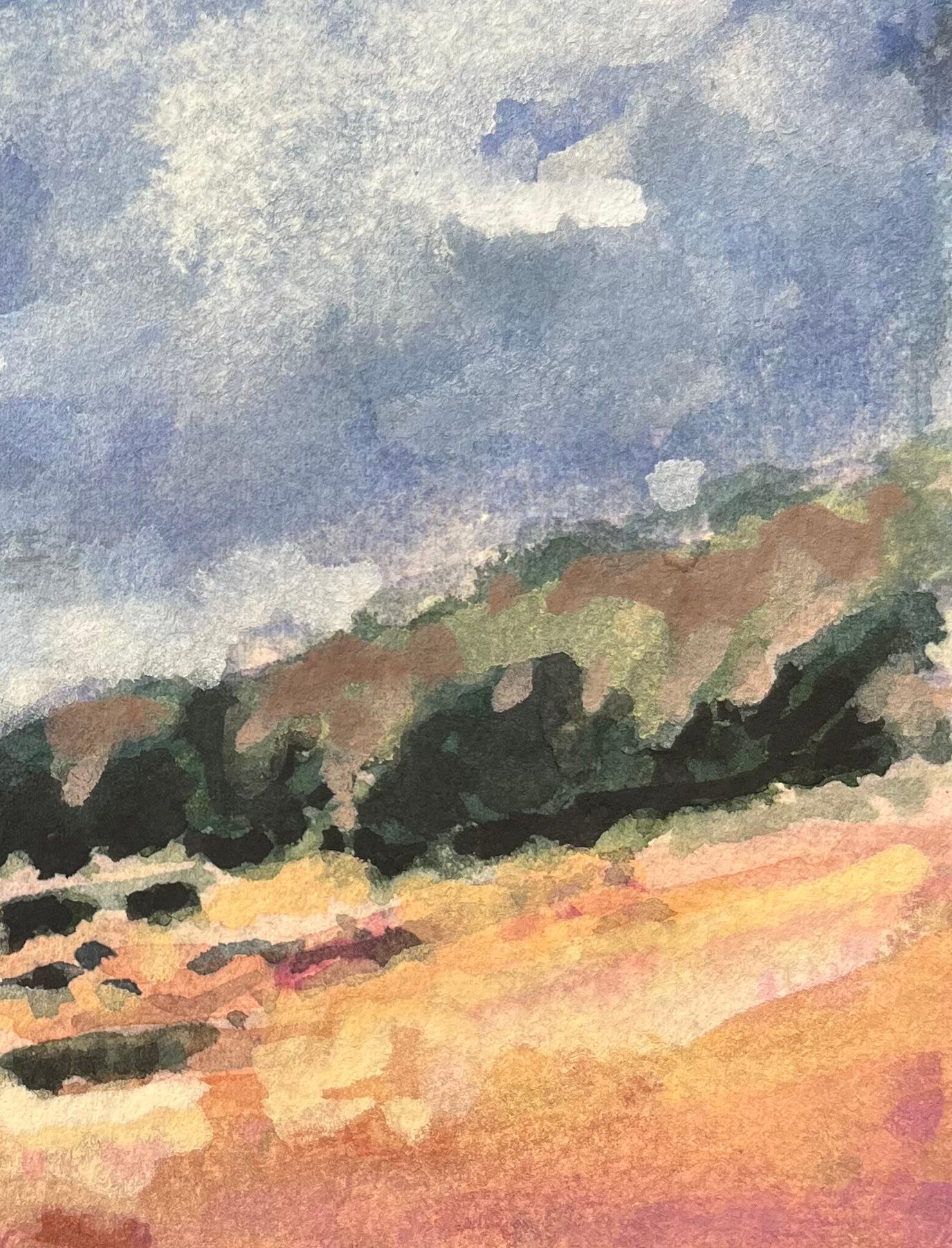 Acquerello impressionista francese raffigurante un paesaggio costiero con colline ondulate - Art Impressionismo di Maurice Mazeilie