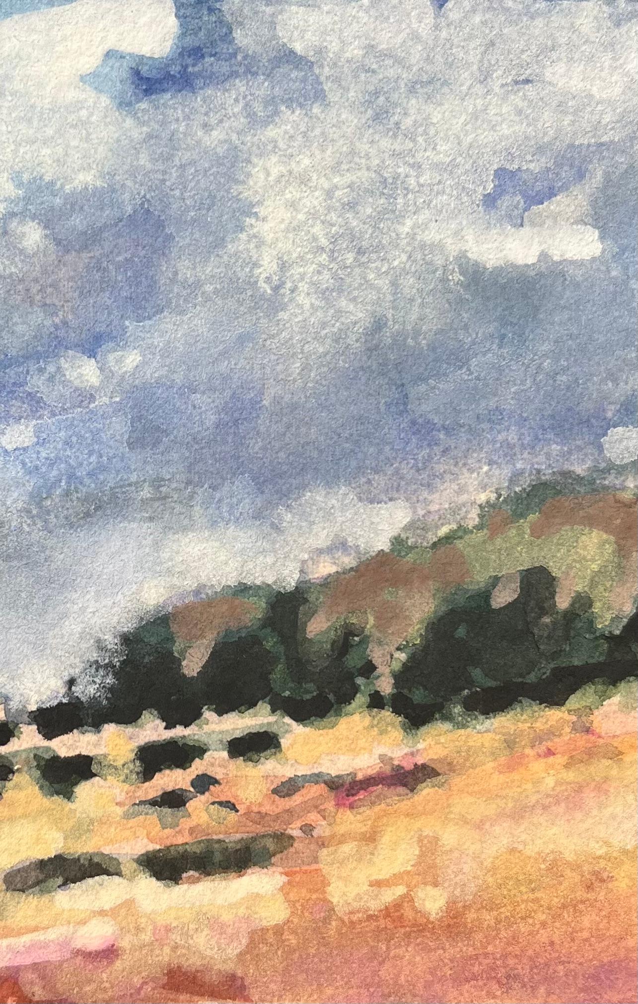 Acquerello impressionista francese raffigurante un paesaggio costiero con colline ondulate - Landscape Art Grigio di Maurice Mazeilie