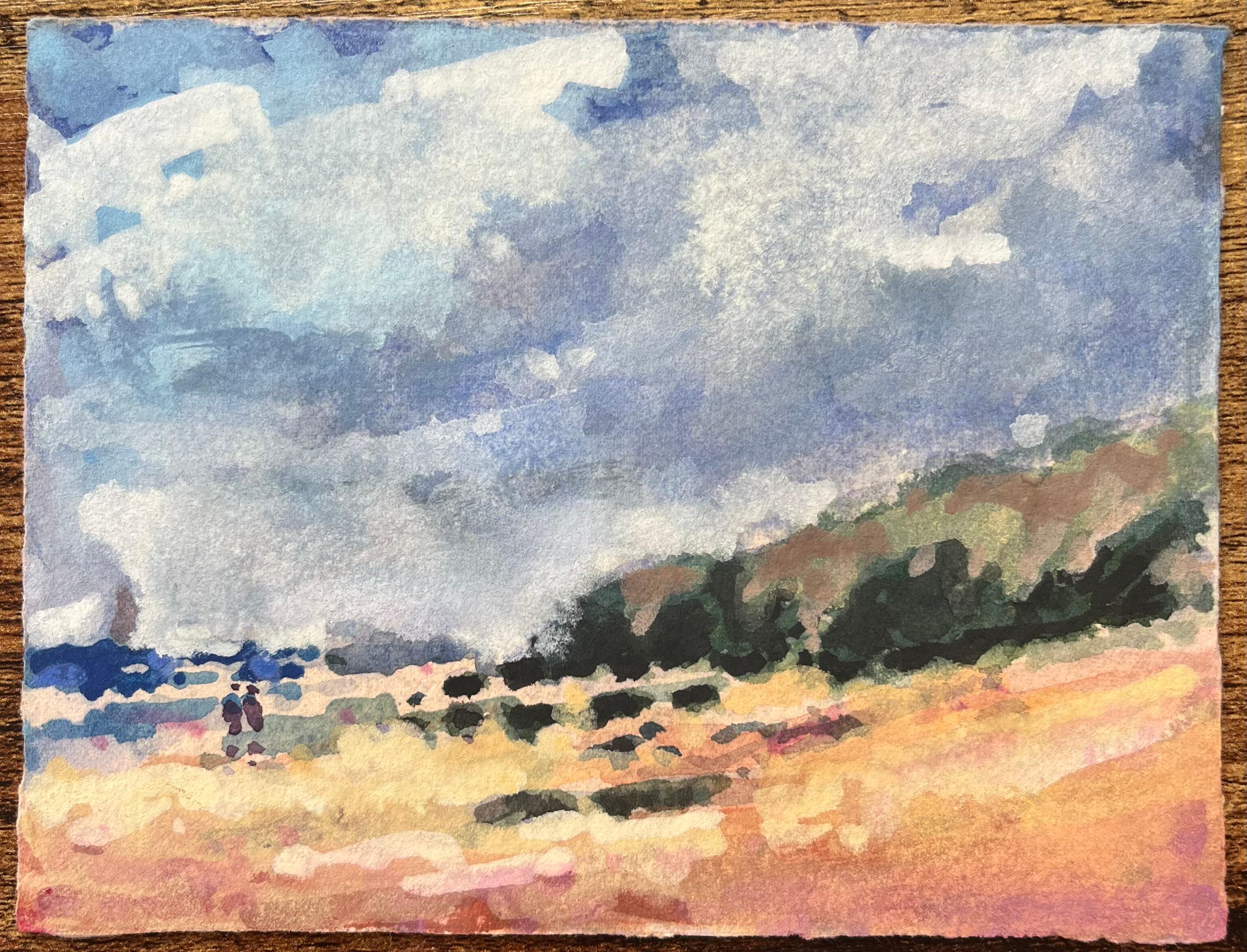 Acquerello impressionista francese raffigurante un paesaggio costiero con colline ondulate - Art di Maurice Mazeilie