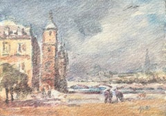 Aquarelle impressionniste française d'une scène de bord de rivière avec des bâtiments historiques