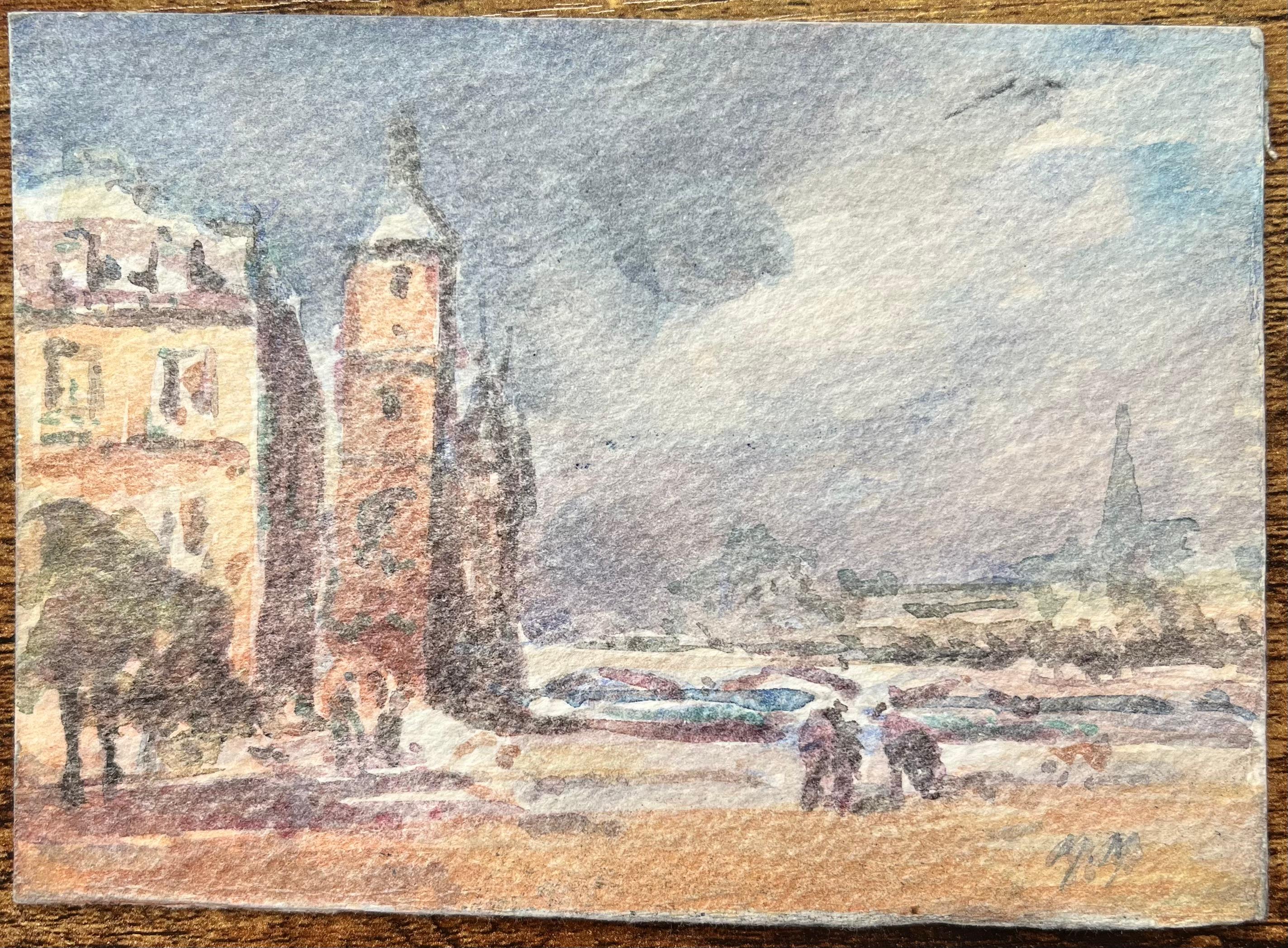 French Impressionist Watercolor of a Riverside Scene with Historic Buildings - Art by Maurice Mazeilie