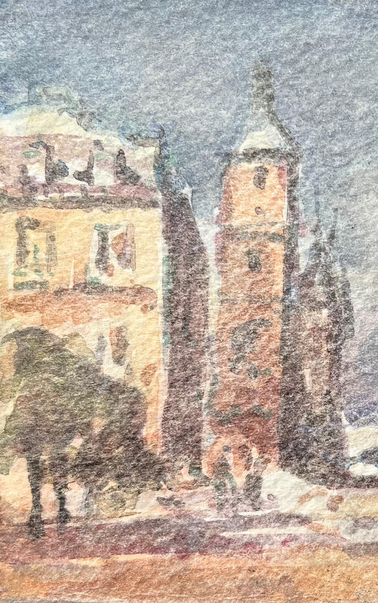 French Impressionist Watercolor of a Riverside Scene with Historic Buildings For Sale 1