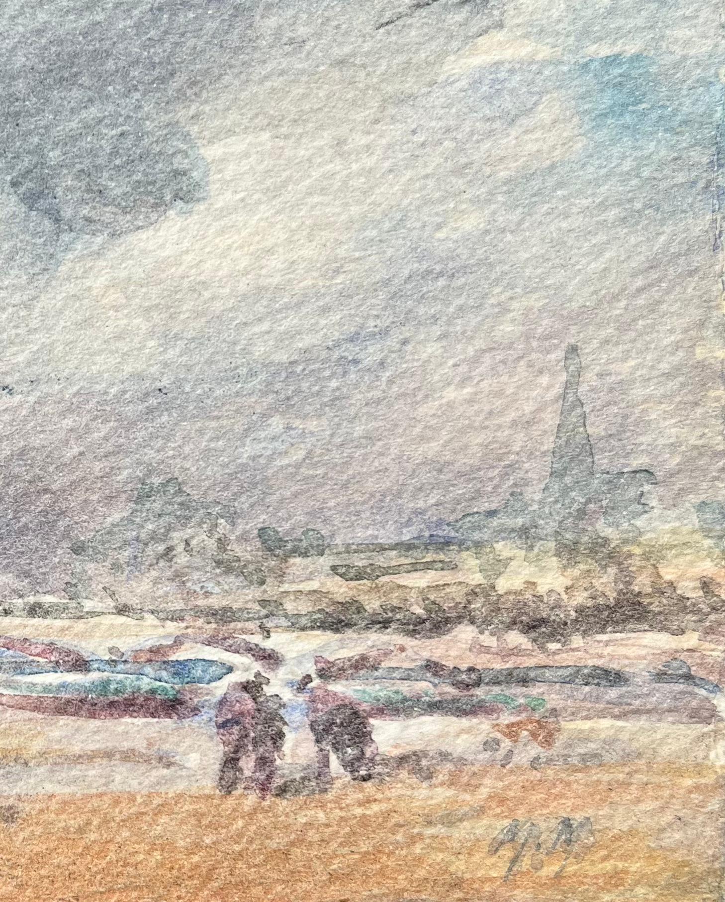 French Impressionist Watercolor of a Riverside Scene with Historic Buildings - Beige Landscape Art by Maurice Mazeilie