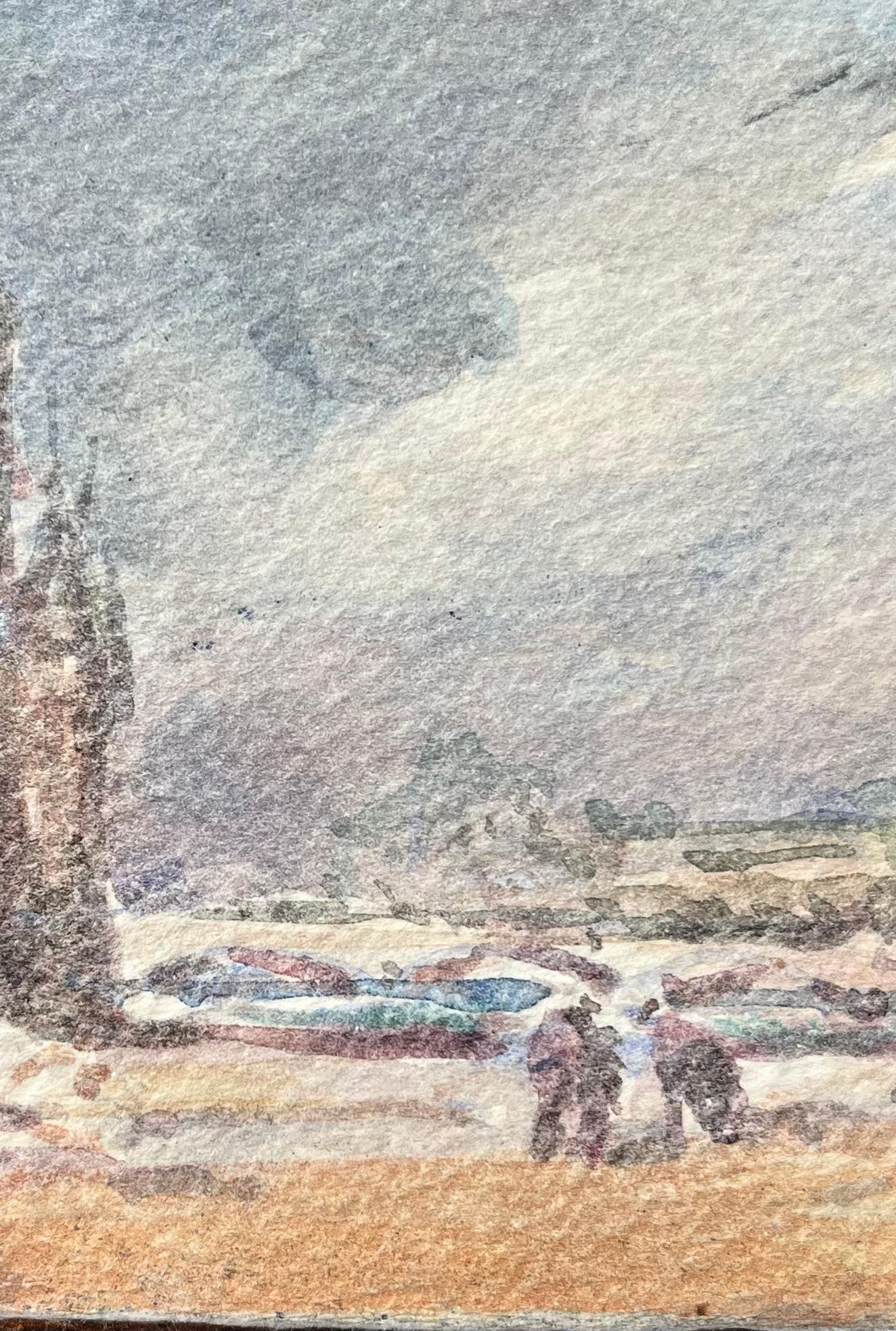 Title: French Impressionist Watercolor of a Riverside Scene with Historic Buildings
By Maurice Mazeilie (French 1924-2021)
Medium: Watercolor on paper, unframed
Size: 4 x 5.75 inches (Height x Width)
Signed: Initials bottom right.
Condition: Good,