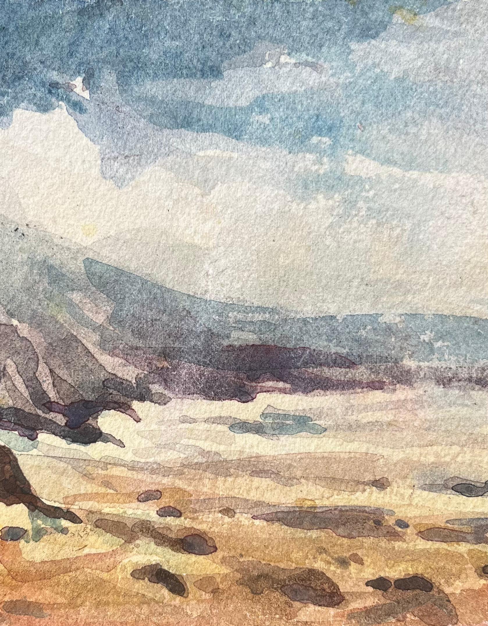 Title: French Impressionist Watercolor of a Coastal Landscape with Cliffs
By Maurice Mazeilie (French 1924-2021)
Medium: Watercolor on paper, unframed
Size: 4.75 x 6.5 inches (Height x Width)
Stamped: Verso
Condition: Good, with signs of