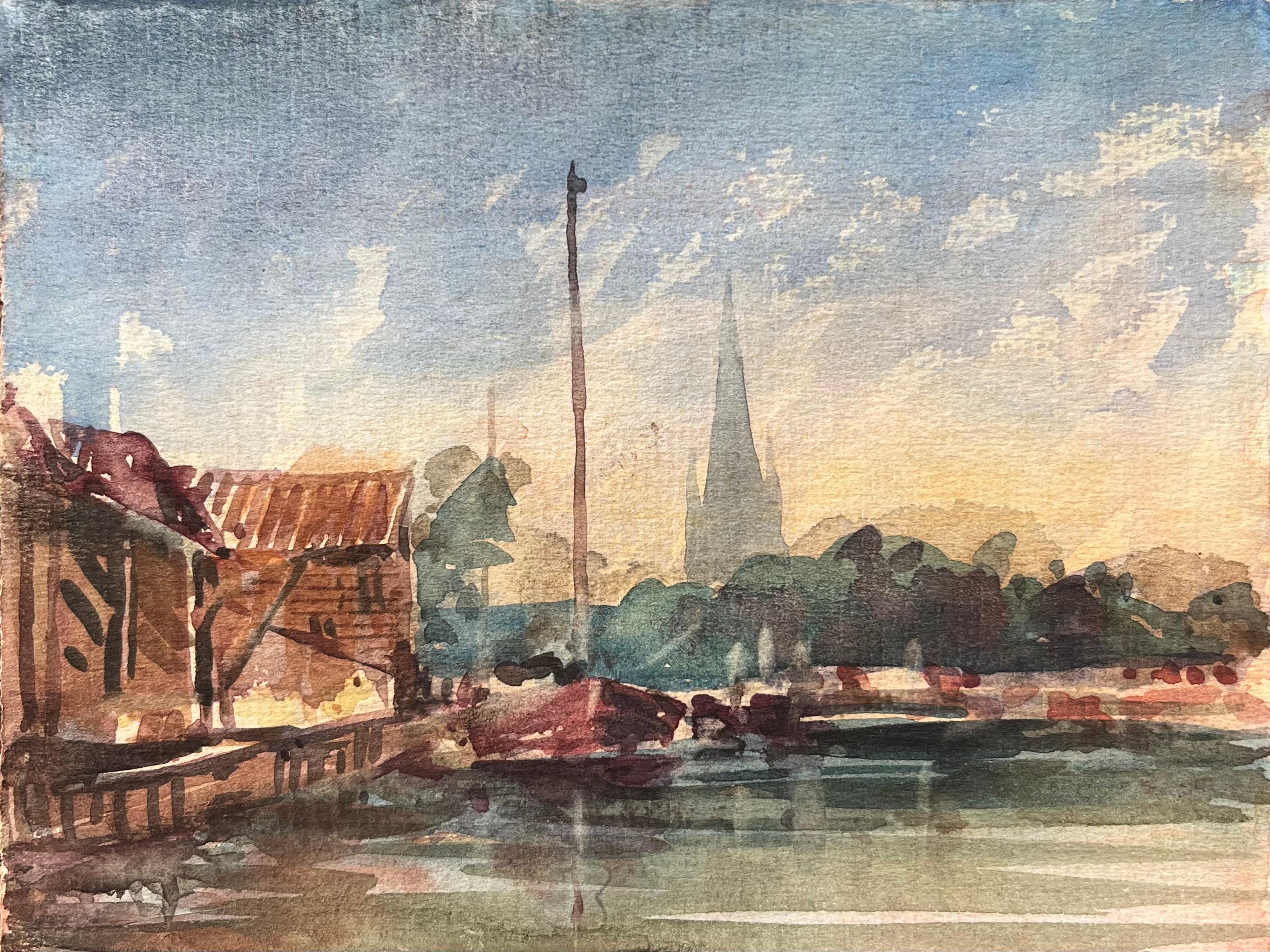 Maurice Mazeilie Landscape Art - French Impressionist Watercolor of a Coastal Village with a Church Steeple