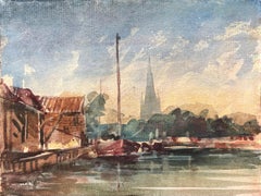 Aquarelle impressionniste française d'un village côtier avec un clocher d'église