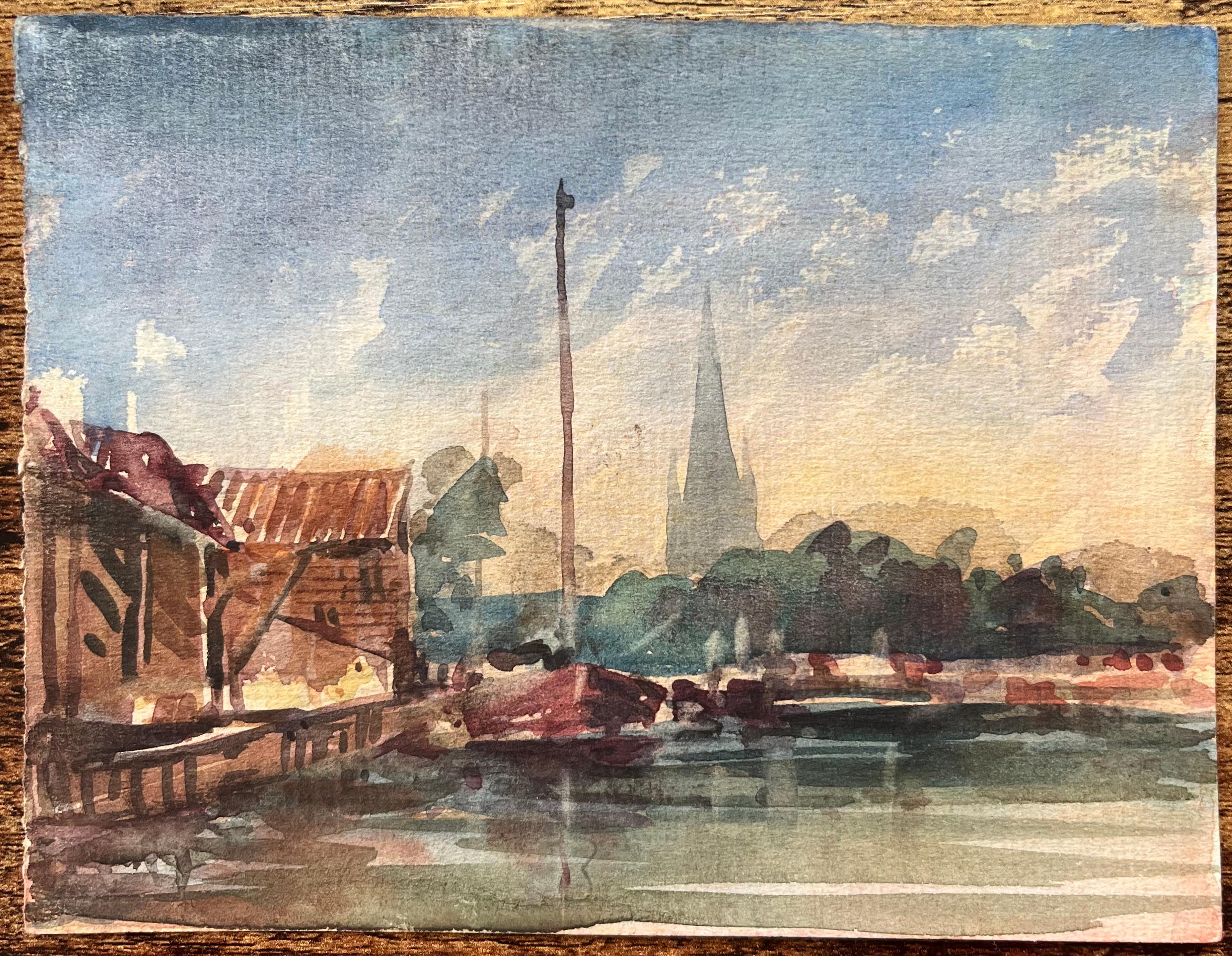 French Impressionist Watercolor of a Coastal Village with a Church Steeple - Art by Maurice Mazeilie