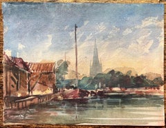 French Impressionist Watercolor of a Coastal Village with a Church Steeple