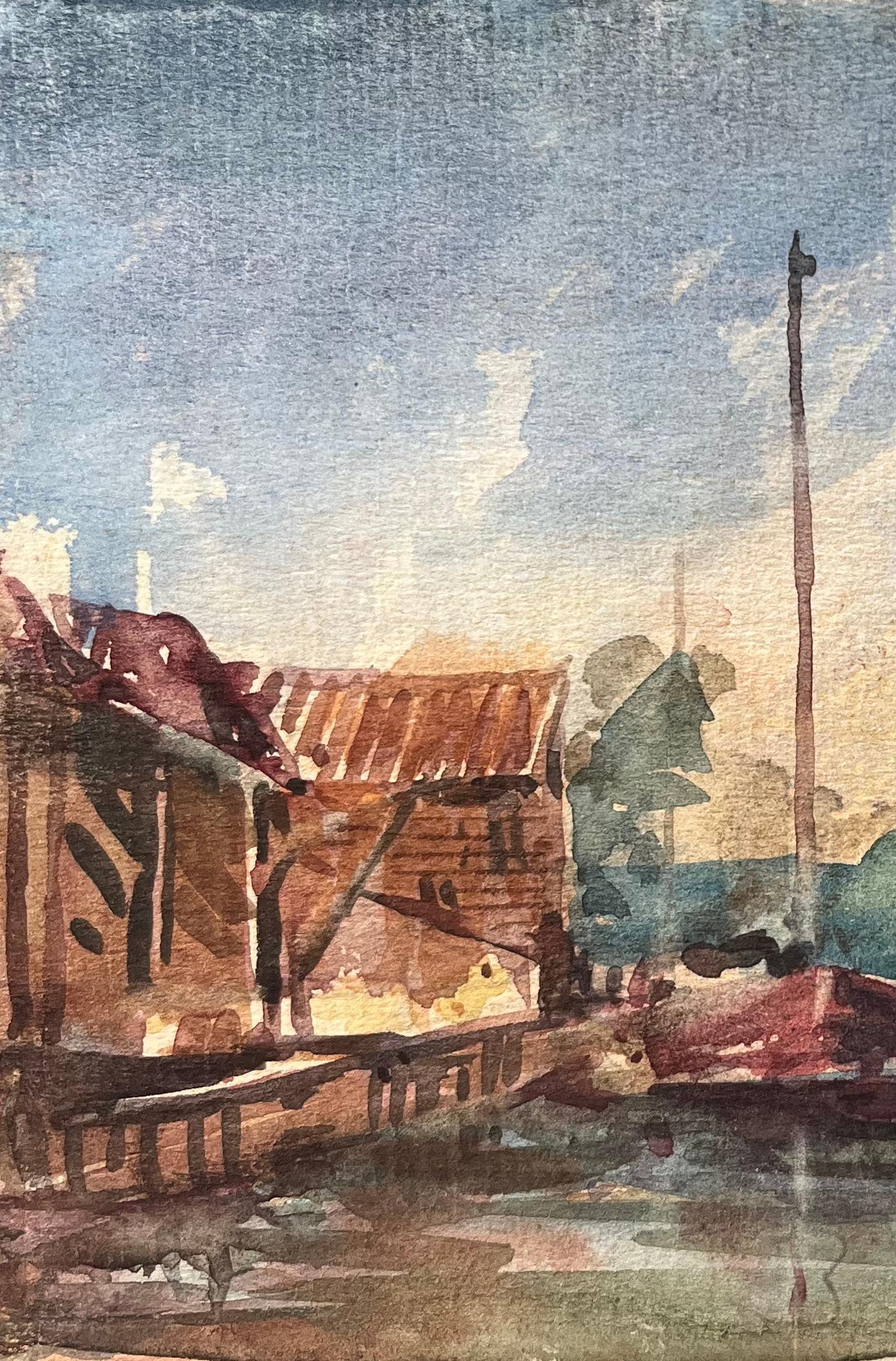 French Impressionist Watercolor of a Coastal Village with a Church Steeple For Sale 1