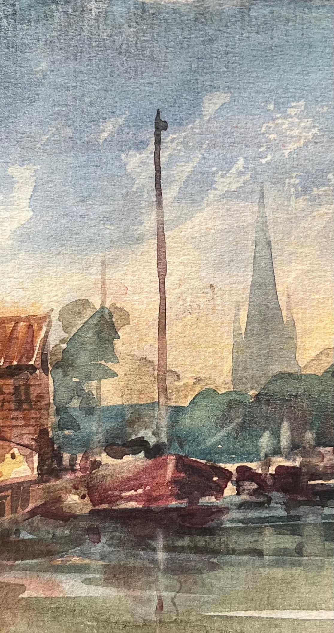 Title: French Impressionist Watercolor of a Coastal Village with a Church Steeple
By Maurice Mazeilie (French 1924-2021)
Medium: Watercolor on paper, unframed
Size: 4.75 x 6.25 inches (Height x Width)
Stamped: Verso
Condition: Good, with signs of