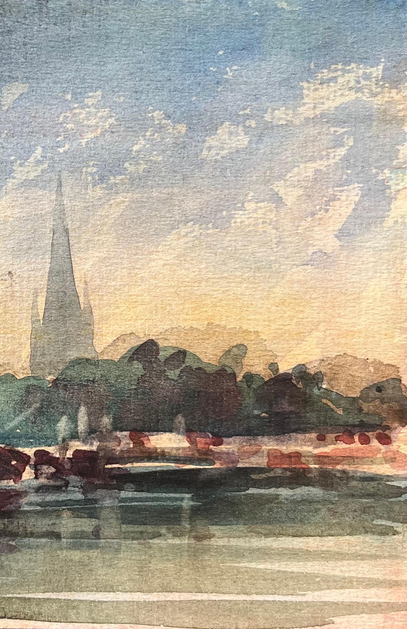 French Impressionist Watercolor of a Coastal Village with a Church Steeple - Gray Landscape Art by Maurice Mazeilie