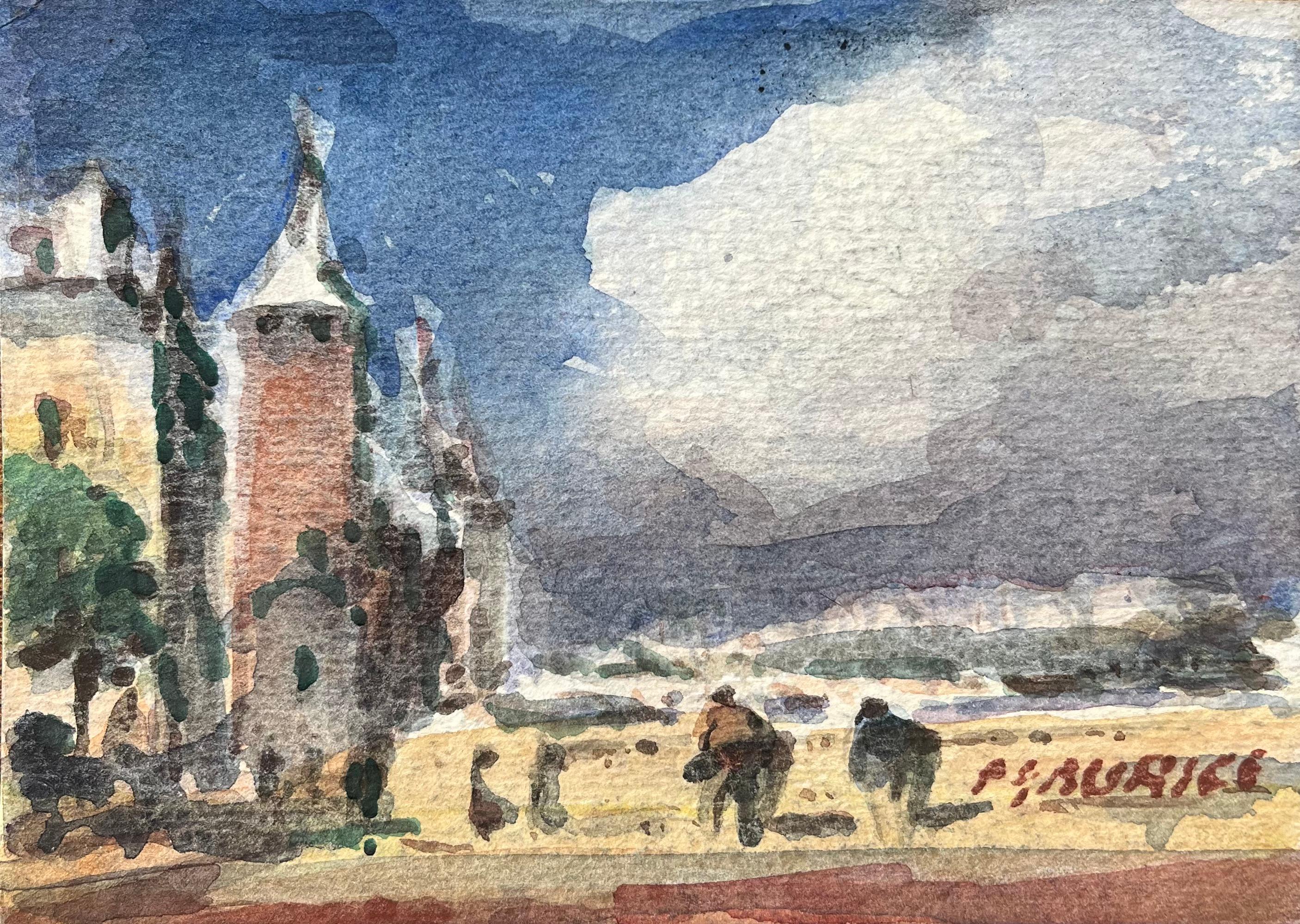 Aquarelle impressionniste française représentant des personnages se promenant le long d'un pont par tour