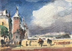 French Impressionist Watercolor of Figures Walking Along a Bridge by Tower