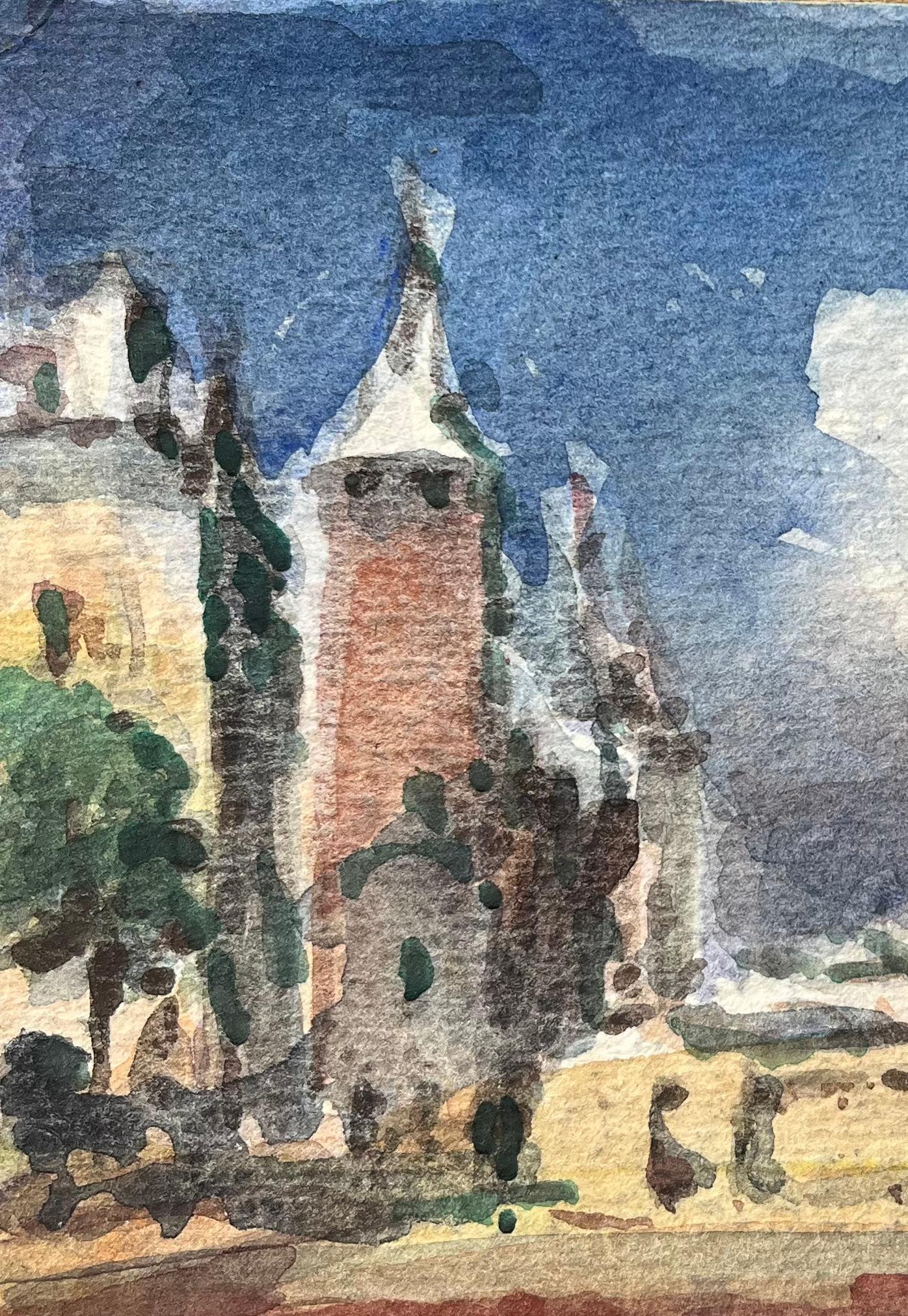 Title: French Impressionist Watercolor of Figures Walking Along a Bridge by Tower
By Maurice Mazeilie (French 1924-2021)
Medium: Watercolor on paper, unframed
Size: 5 x 7 inches (Height x Width)
Signed: Yes
Condition: Good, with signs of