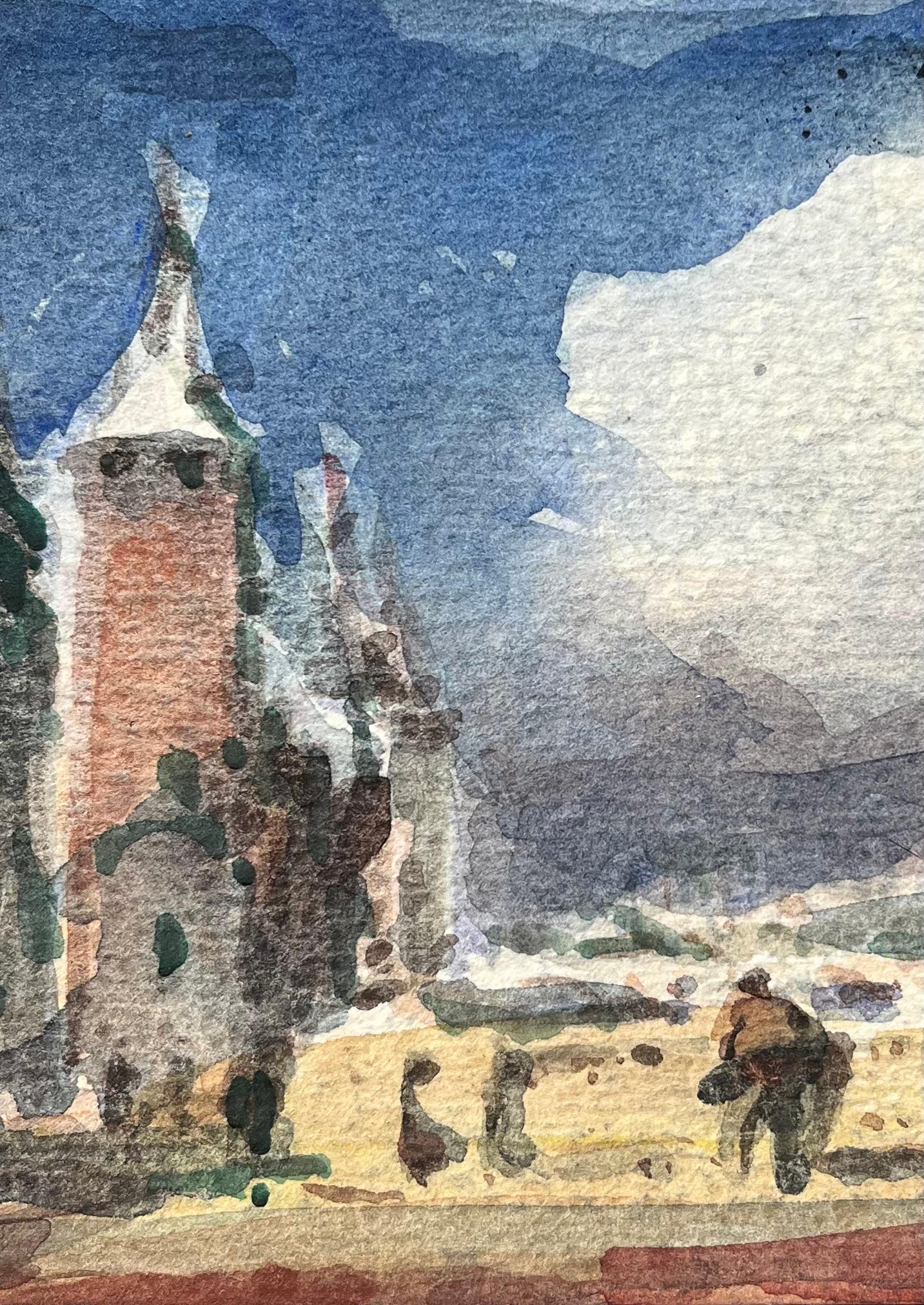 French Impressionist Watercolor of Figures Walking Along a Bridge by Tower For Sale 1