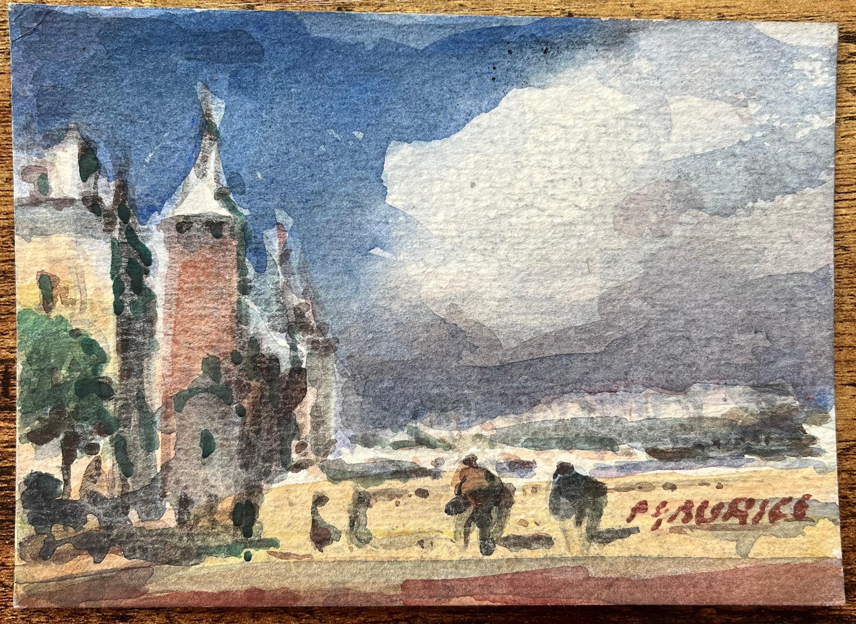 French Impressionist Watercolor of Figures Walking Along a Bridge by Tower - Art by Maurice Mazeilie