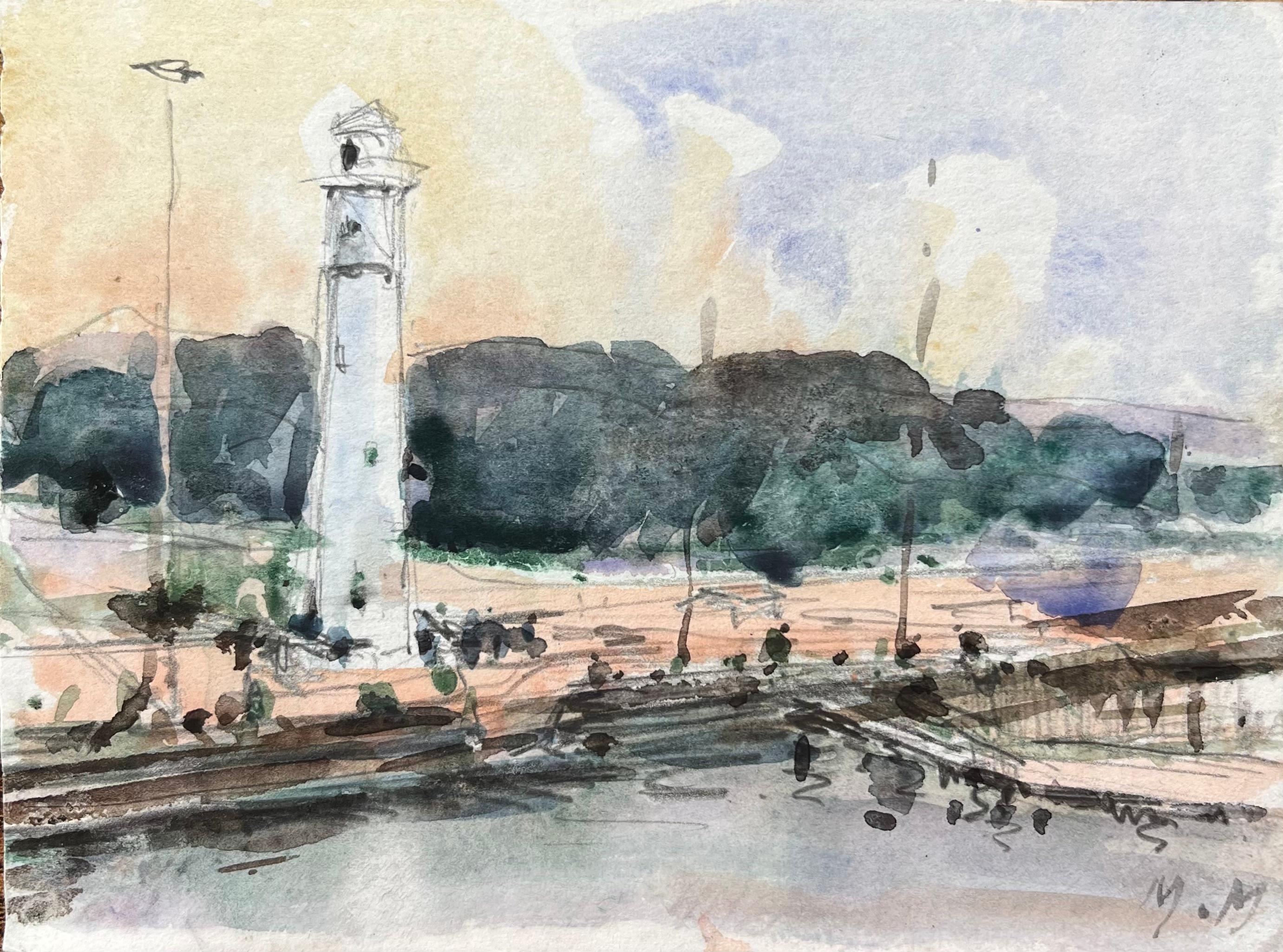Acquerello impressionista francese raffigurante una torre sul fiume con acque riflettenti - Art di Maurice Mazeilie