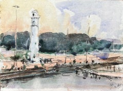Aquarelle impressionniste française représentant une tour par une bordure de rivière avec des eaux réfléchissantes