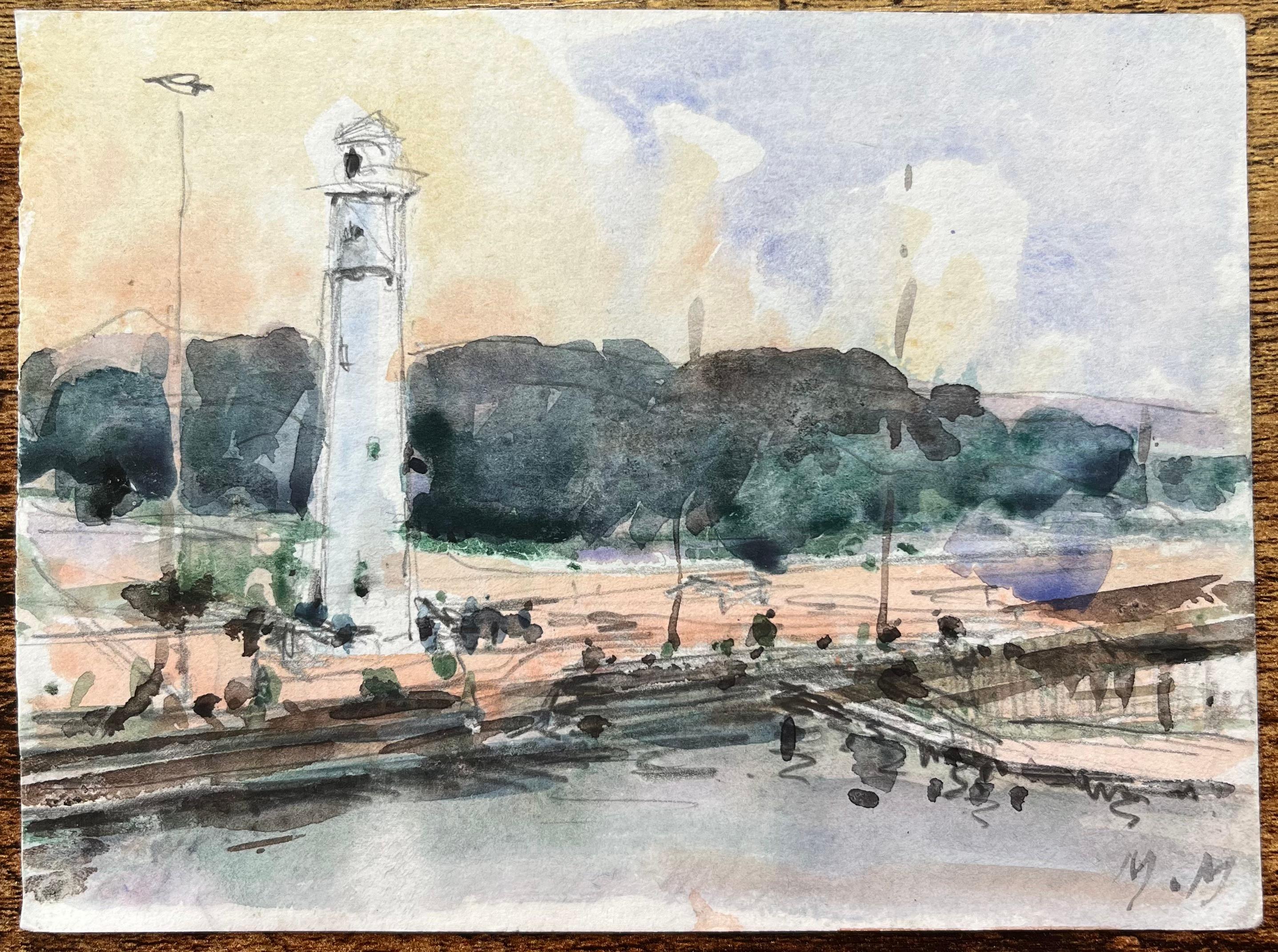 Acquerello impressionista francese raffigurante una torre sul fiume con acque riflettenti - Art Impressionismo di Maurice Mazeilie