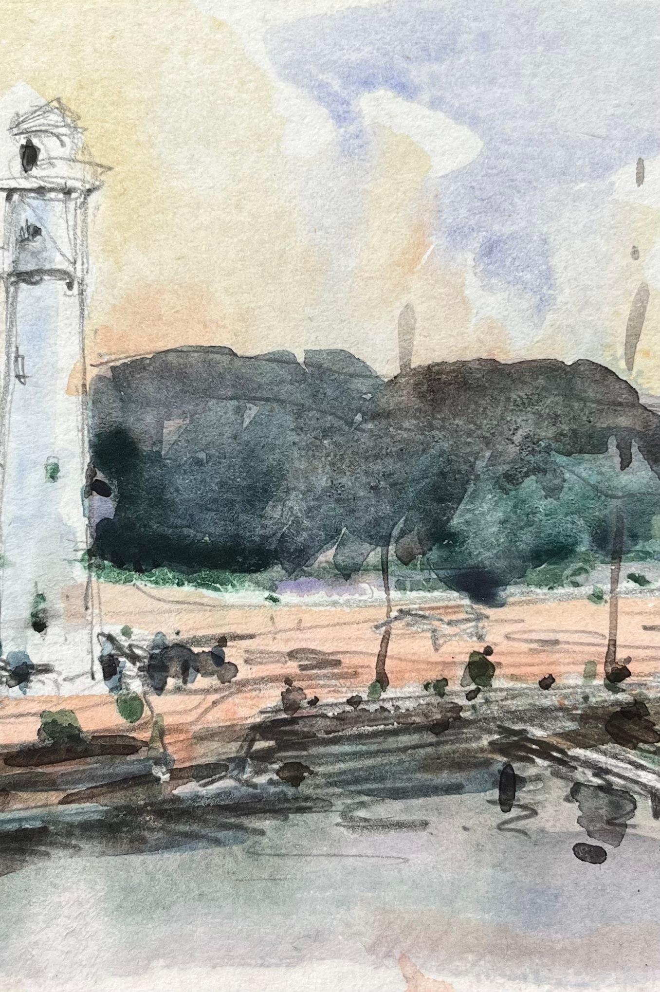 Acquerello impressionista francese raffigurante una torre sul fiume con acque riflettenti in vendita 1