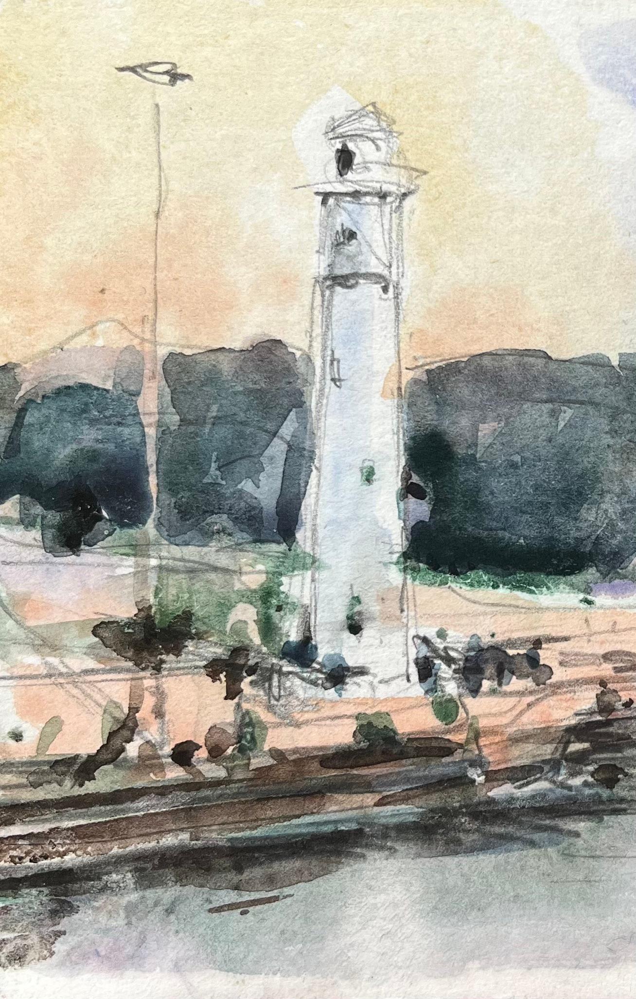 Acquerello impressionista francese raffigurante una torre sul fiume con acque riflettenti in vendita 2
