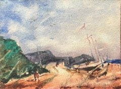 French Impressionist Watercolor of Coastal Path with Beached Boats