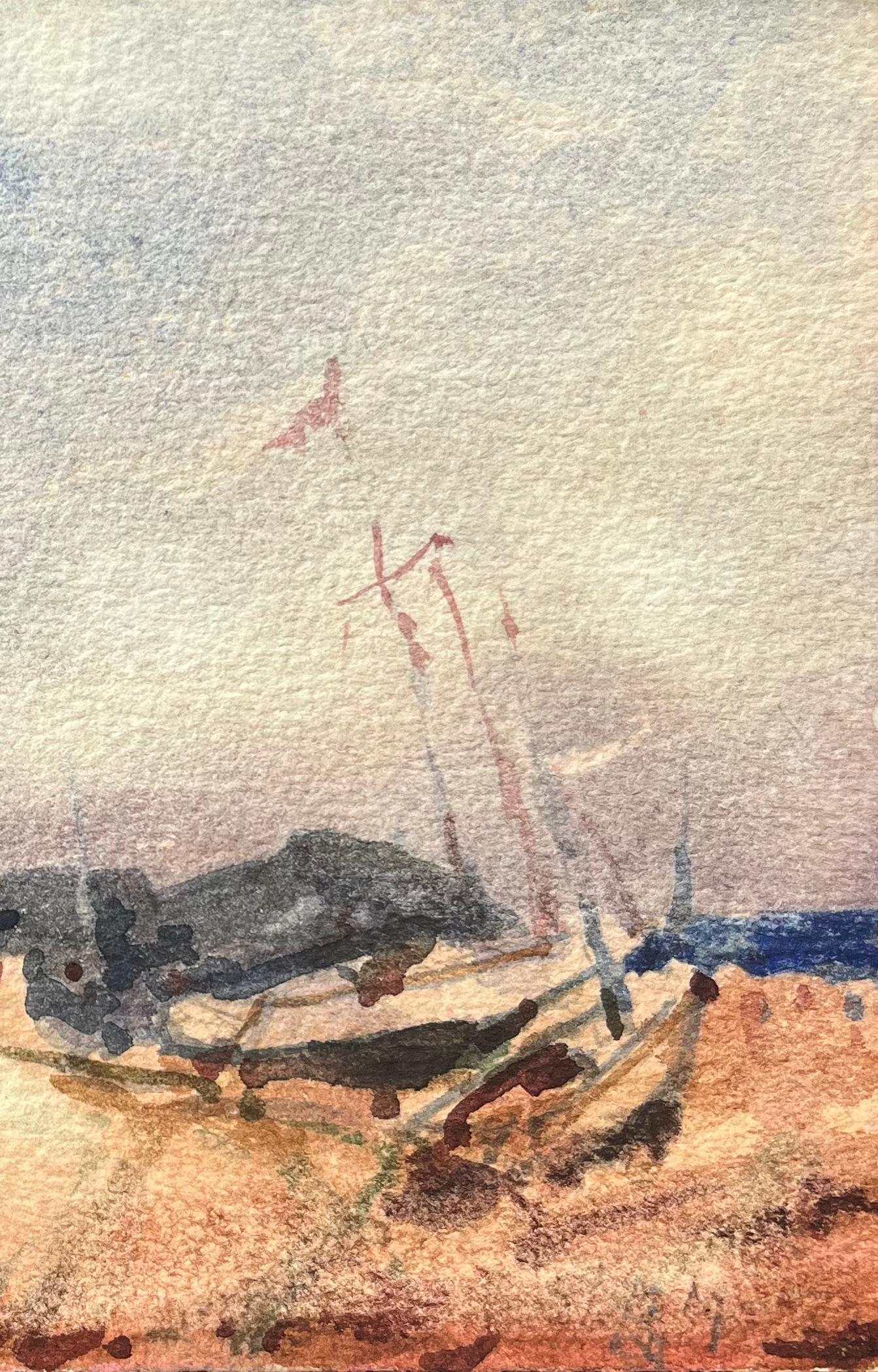 Acquerello impressionista francese di un sentiero costiero con barche spiaggiate - Art Impressionismo di Maurice Mazeilie