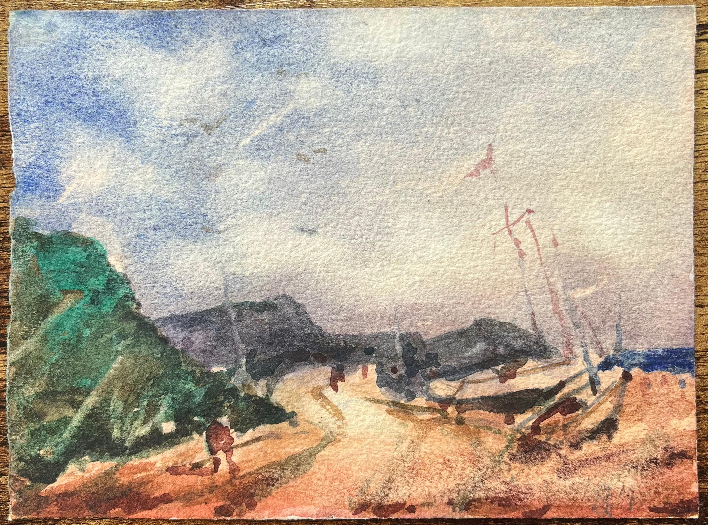 Acquerello impressionista francese di un sentiero costiero con barche spiaggiate - Art di Maurice Mazeilie