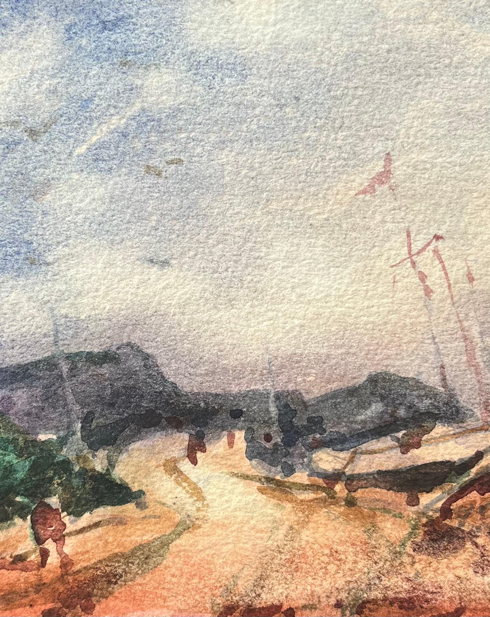 Acquerello impressionista francese di un sentiero costiero con barche spiaggiate - Landscape Art Beige di Maurice Mazeilie