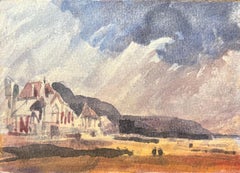 French Impressionist Watercolor of Coastal Cottages with Dramatic Sky