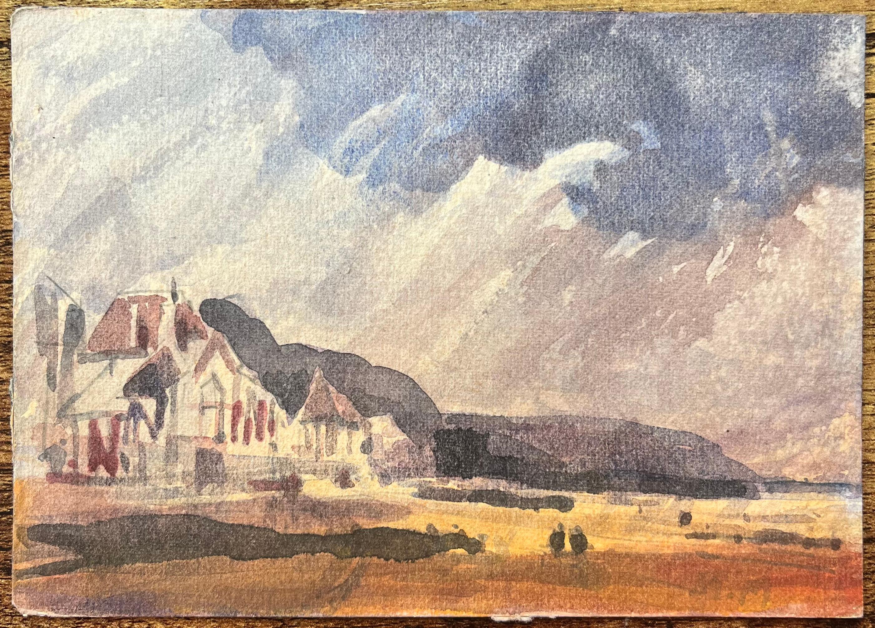 Aquarelle impressionniste française représentant des cottages côtiers au ciel spectaculaire - Impressionnisme Art par Maurice Mazeilie