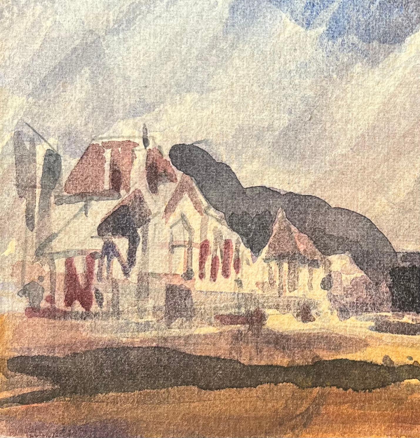 Titre : Aquarelle impressionniste française de chalets côtiers avec un ciel dramatique
Par Maurice Mazeilie (français 1924-2021)
Moyen d'expression : Aquarelle sur papier, non encadrée
Taille : 5 x 7 pouces (hauteur x largeur)
Signé : Initiales en