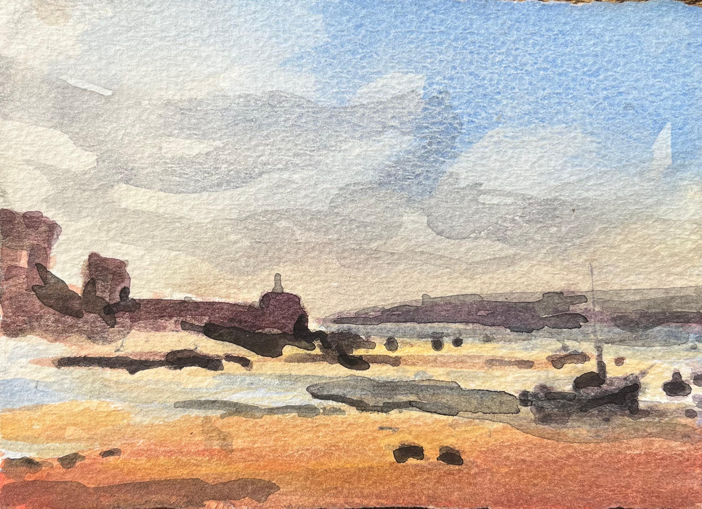 Aquarelle impressionniste française d'un paysage côtier à basse température