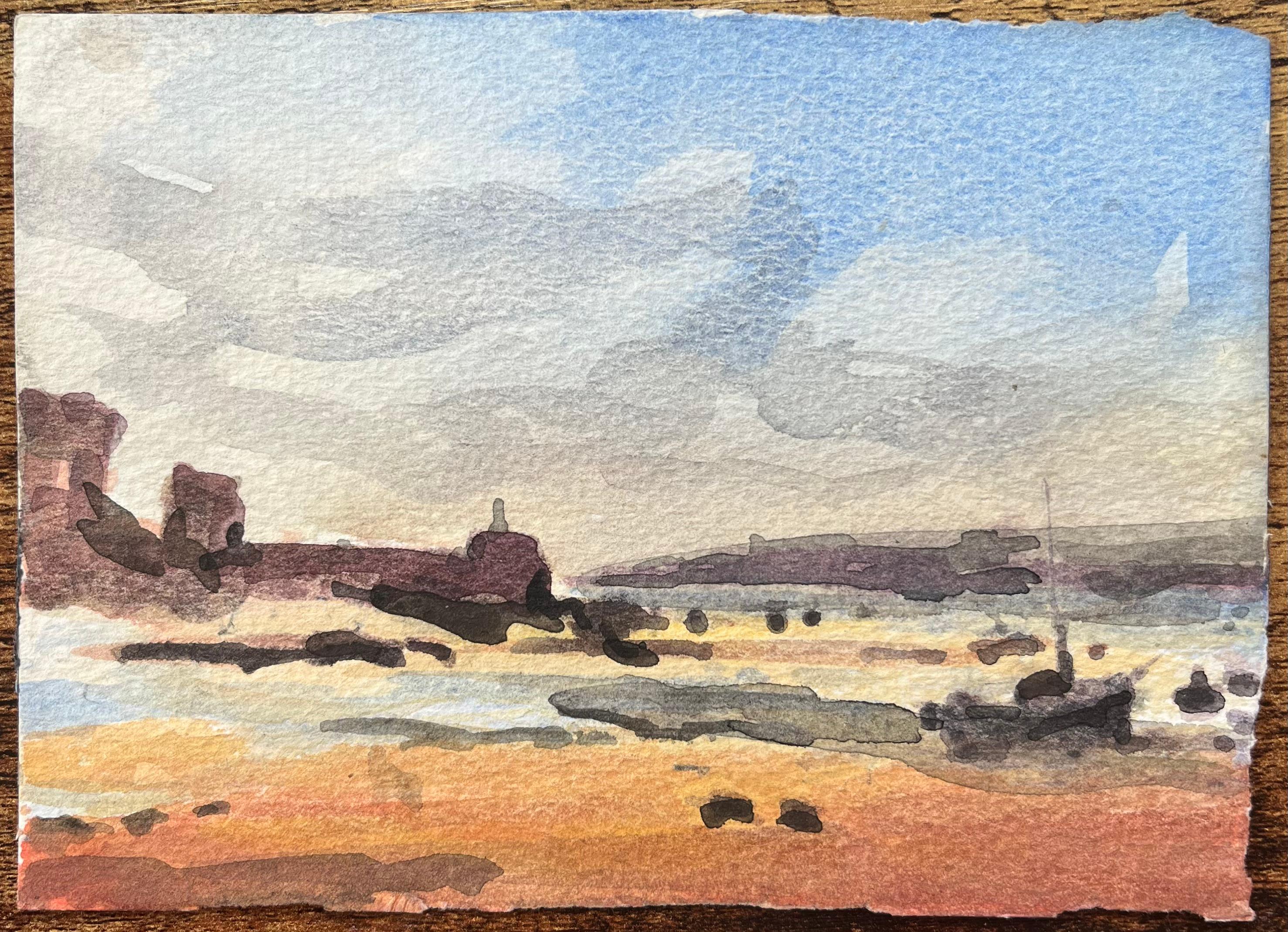 Acquerello impressionista francese di un paesaggio costiero con la bassa marea - Art di Maurice Mazeilie