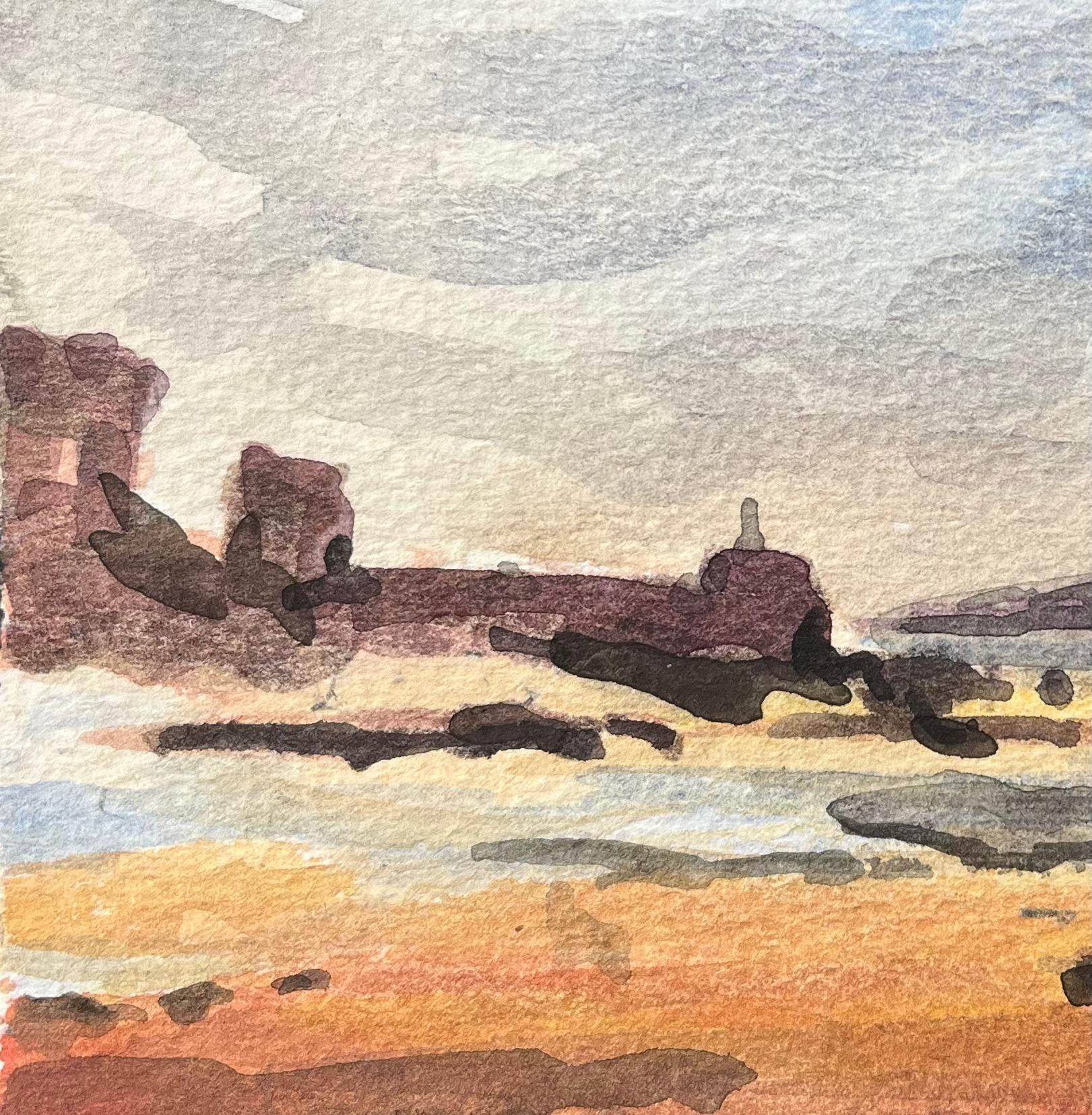 Acquerello impressionista francese di un paesaggio costiero con la bassa marea - Landscape Art Beige di Maurice Mazeilie