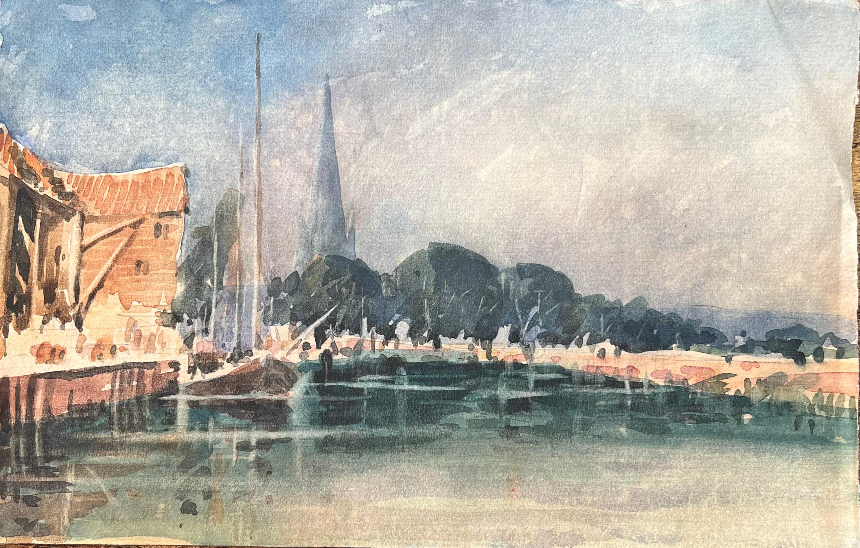 Französisches impressionistisches Aquarell einer Flussufersszene mit Kathedralen spirale, im Impressionismus