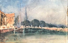 Aquarelle impressionniste française d'une scène de bord de rivière avec spirale de cathédrale