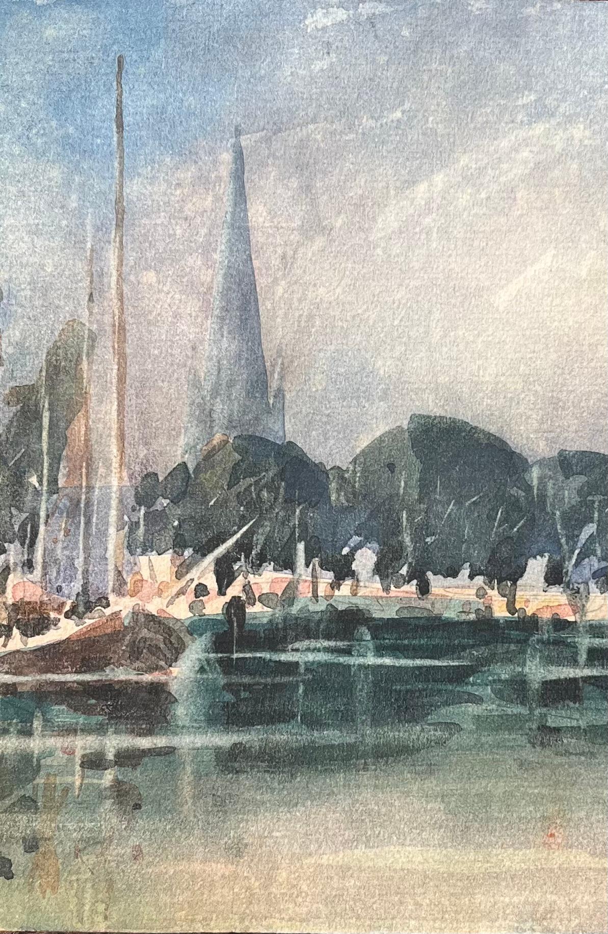 Acquerello impressionista francese di una scena di fiume con guglia della cattedrale in vendita 1